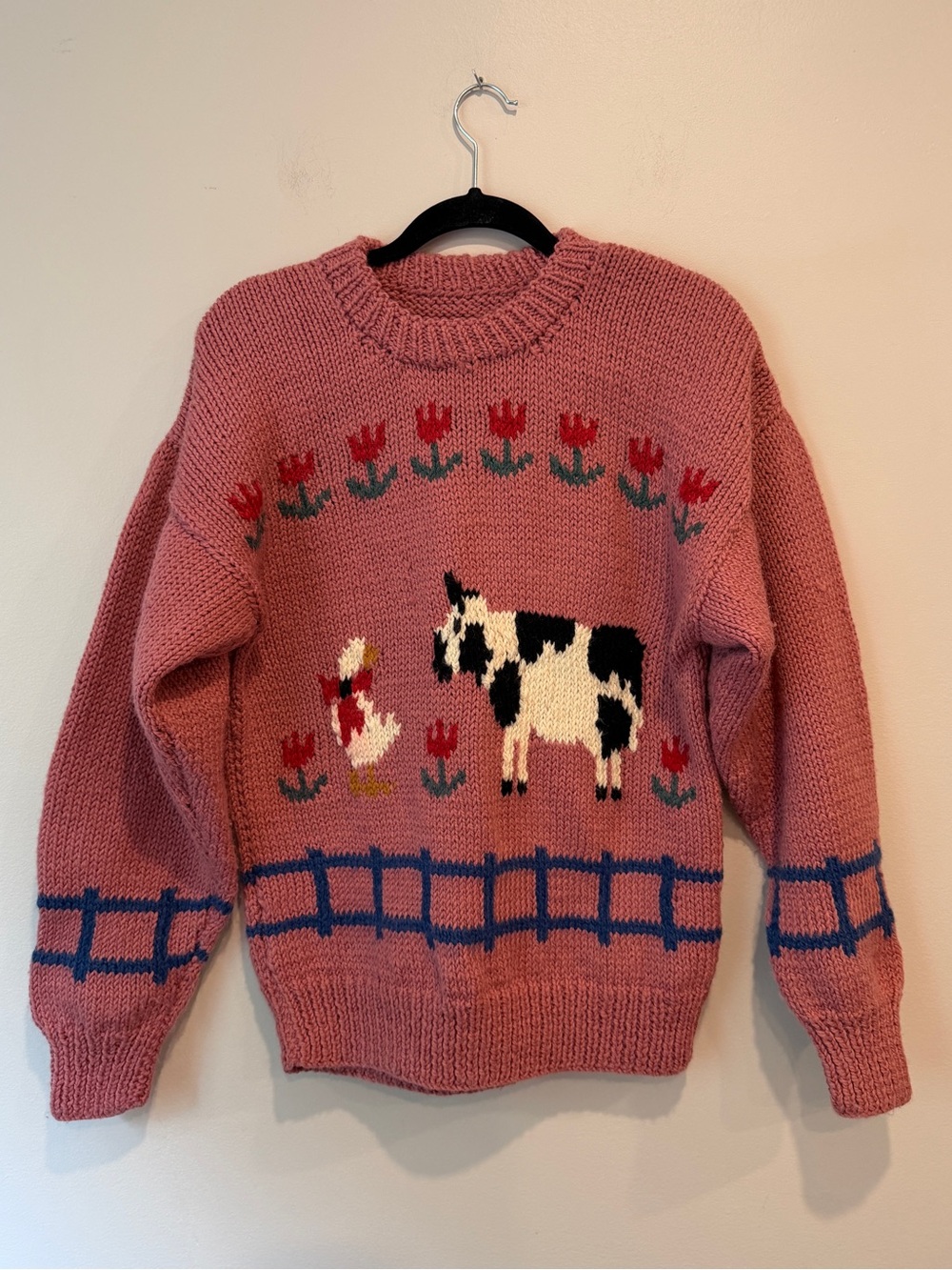 Vintage Handmade Chunky Knit Farmhouse Cow Duck Novelty Sweater Pink Medium